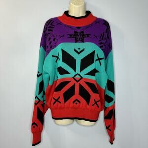 Obermayer Vintage 80s Colorful Snowflake Sweater Abstract Geometric Women's L